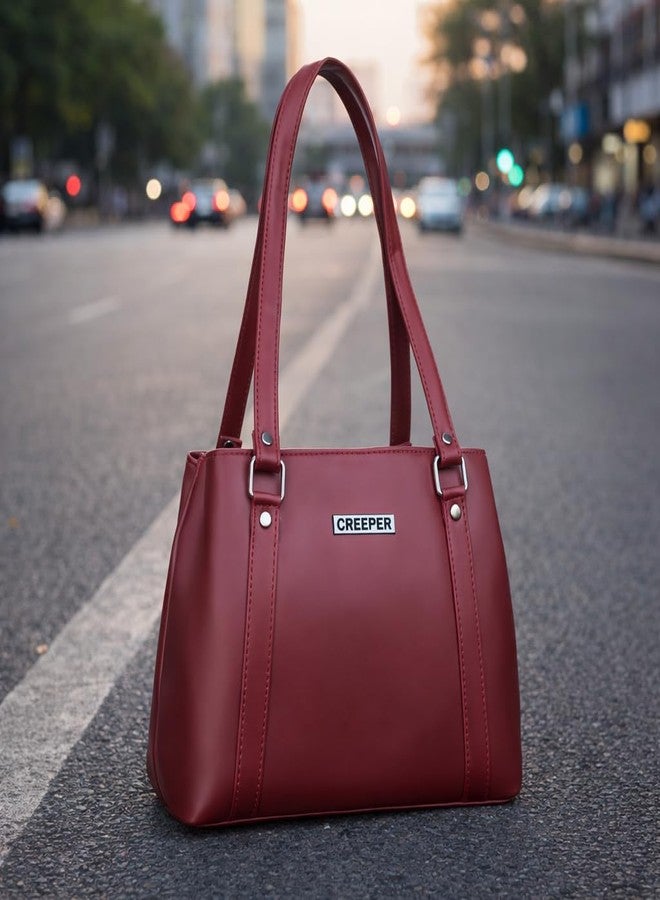 creeper Women’s Handbag | Premium PU Leather Tote Bag for Office, Travel & Daily Use | Spacious Shoulder Bag with Long Handles - Maroon - Image 5